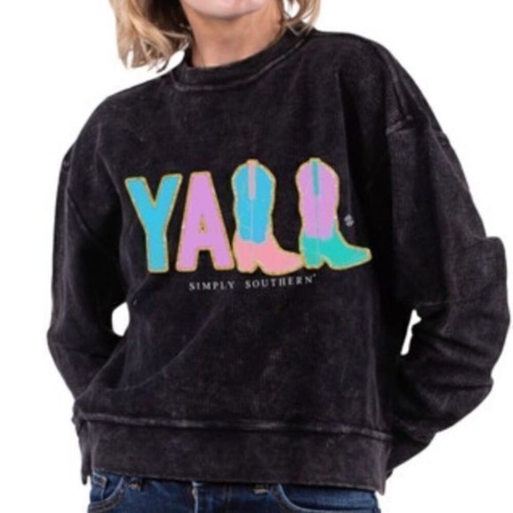 NWT Simply Southern Large Black Acid Washed Cropped “YALL” Crewneck Sweatshirt‎